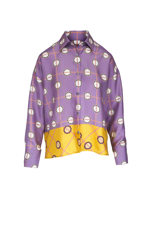 Odeeh Scattered Blossoms Lilac Silk Twill Blouse