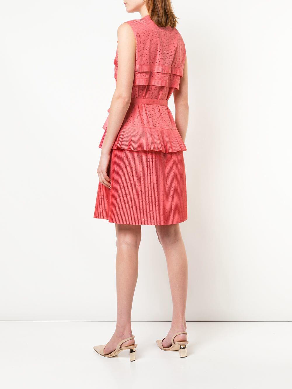 Paule Ka - Coral Eyelet Tiered Pleat Dress