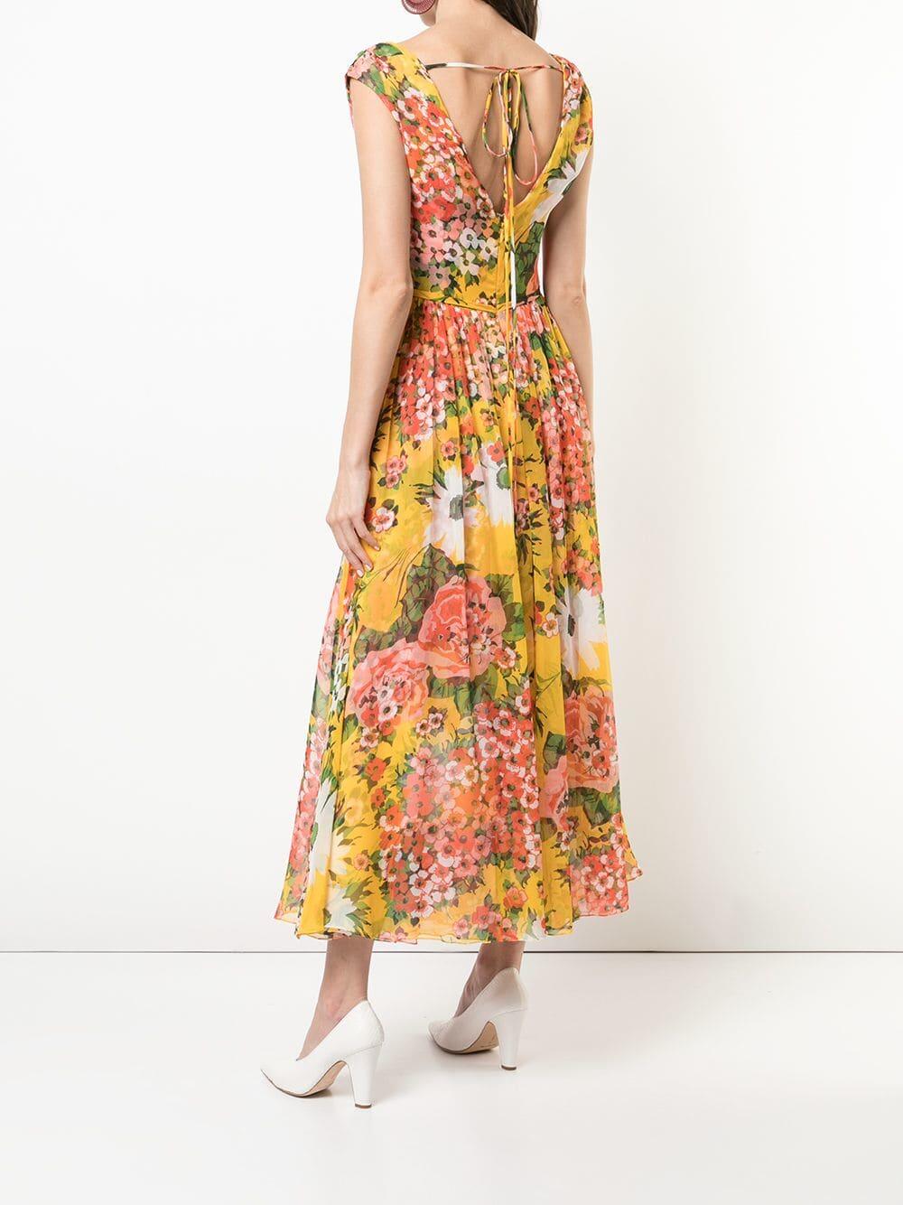 Carolina Herrera - Yellow Chiffon Taxi-Cab Multi Floral Midi Dress