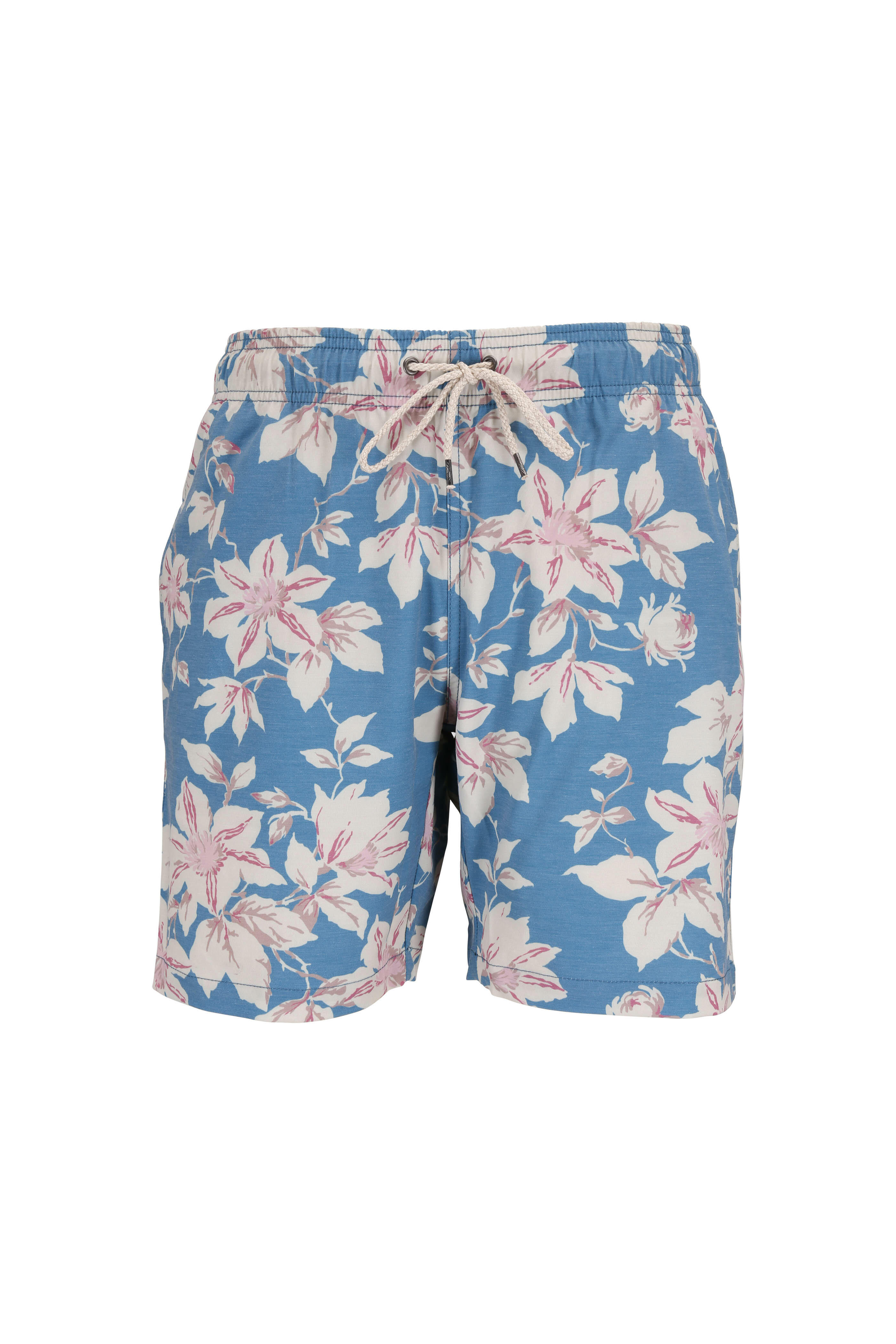 Faherty Brand - Blue & Pink Floral Printed Swim Trunks