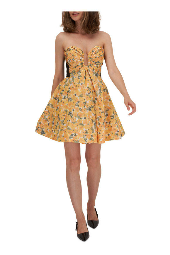 Carolina Herrera - Yellow Floral Taffeta Strapless Mini Dress 