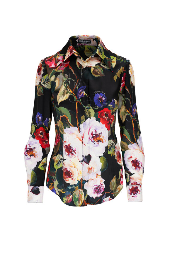 Dolce & Gabbana Black Flower Printed Stretch Button Up Shirt