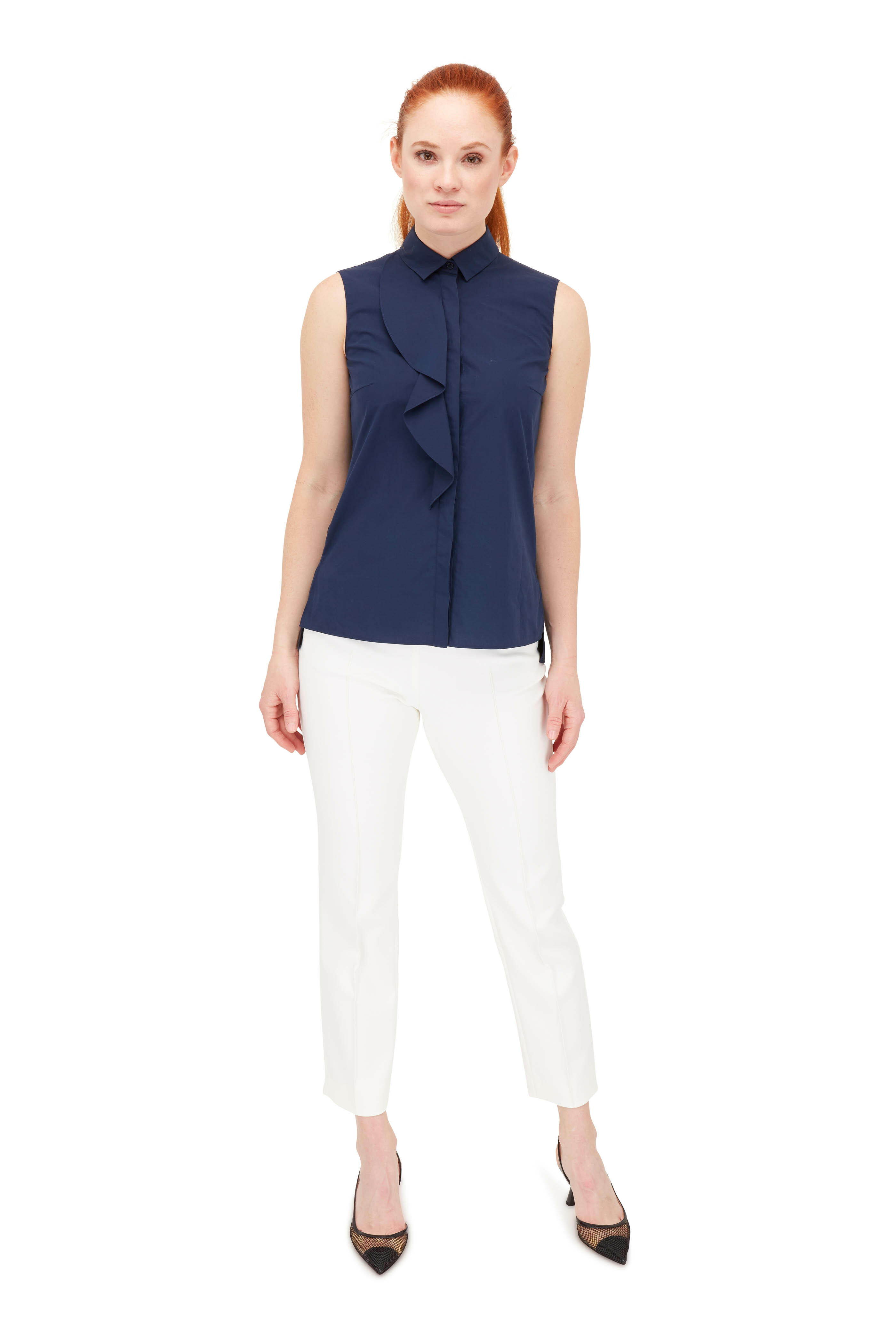 Akris Punto - Navy Blue Cotton Ruffle Sleeveless Blouse
