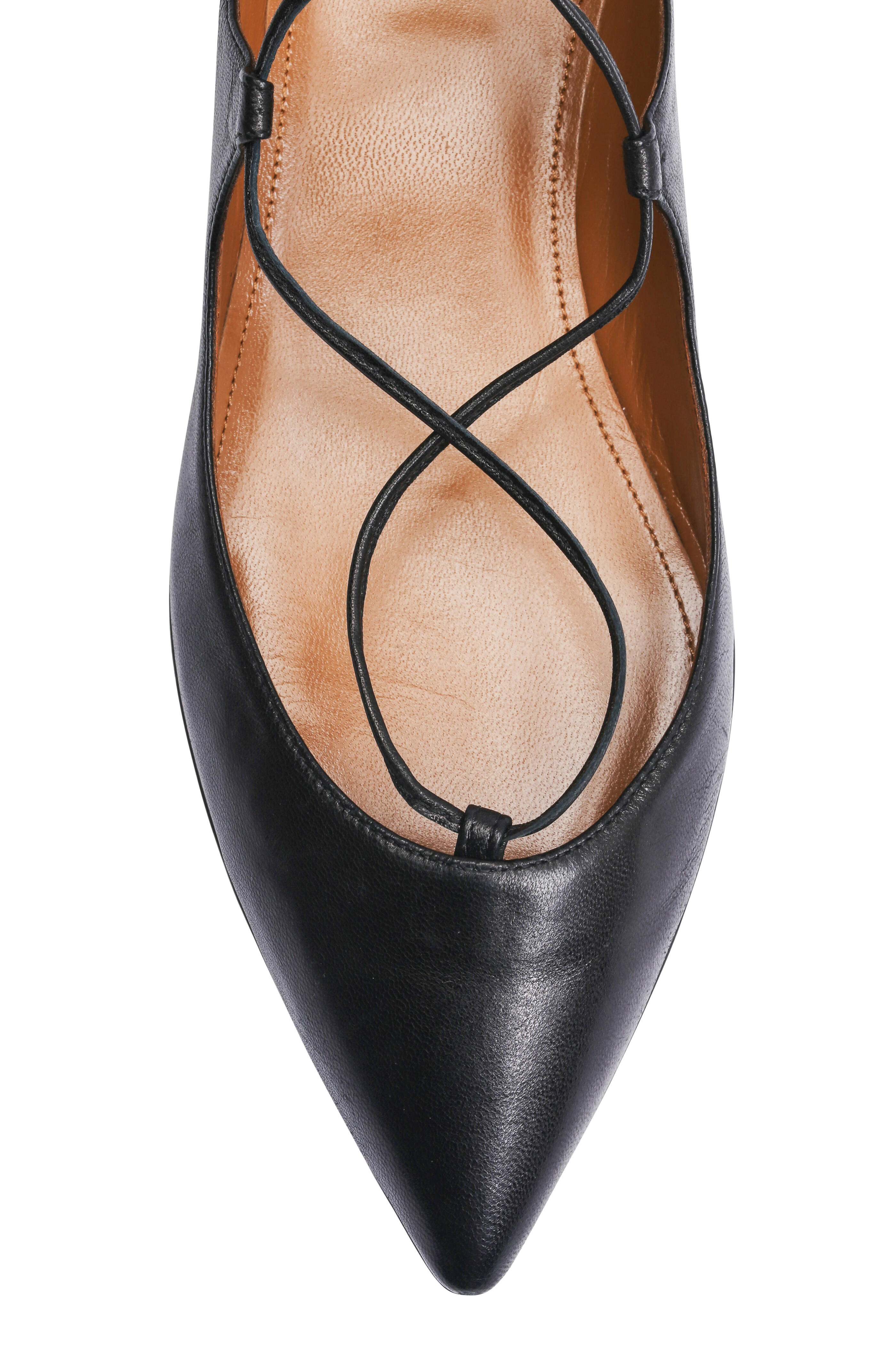 Aquazzura - Christy Black Leather Lace-Up Pointed Flat