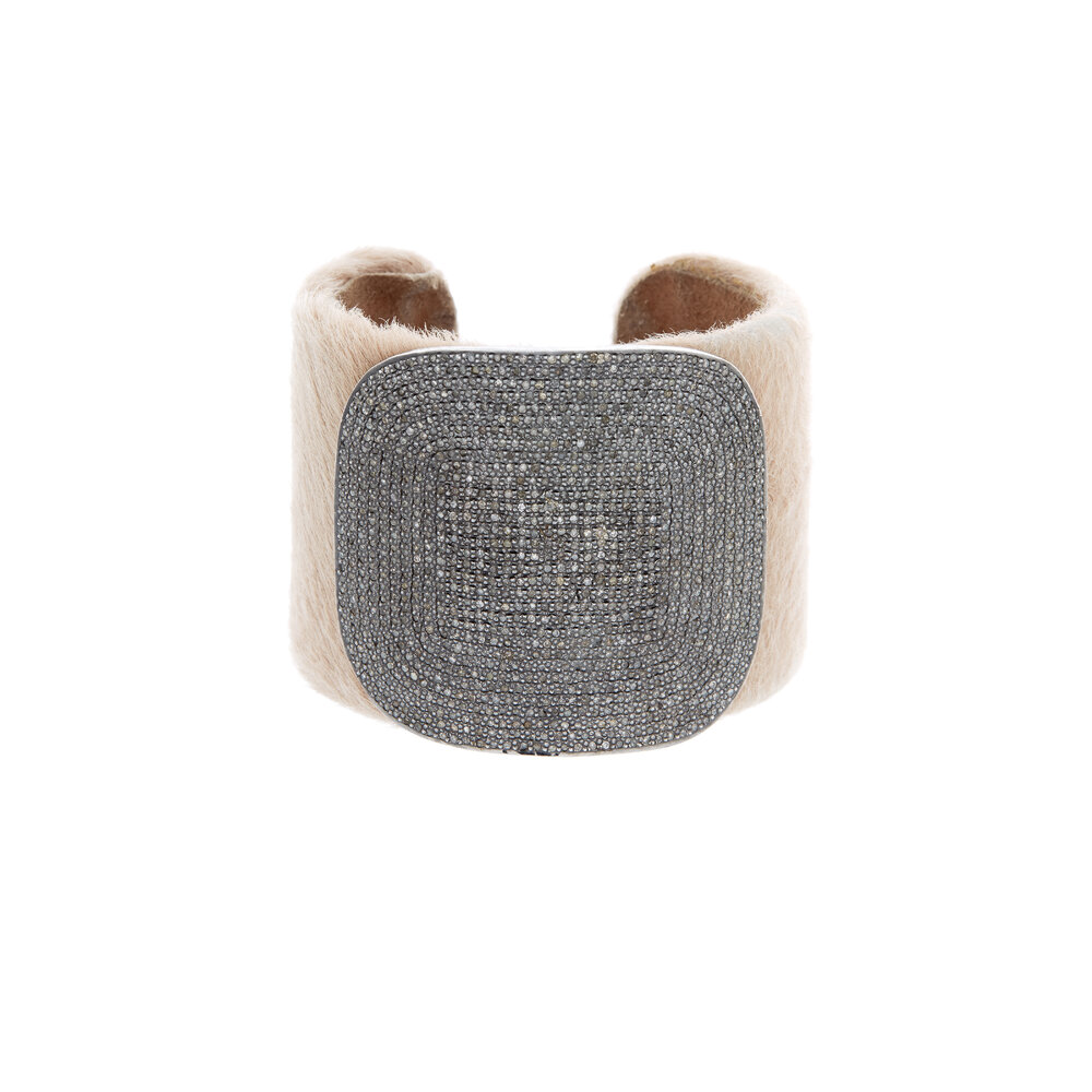 Tulah Jem - Nude Calf Hair Leather White Diamond Cuff Bracelet