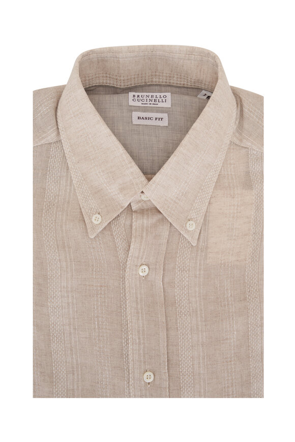 Brunello Cucinelli - Pinpoint Brown Linen & Cotton Easy Fit Shirt
