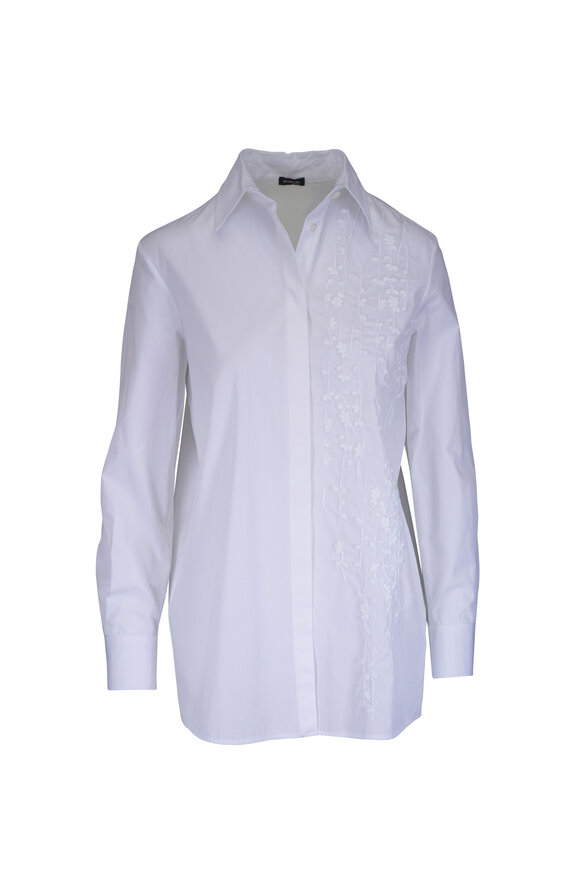 Kiton White Cotton Floral Embroidered Blouse