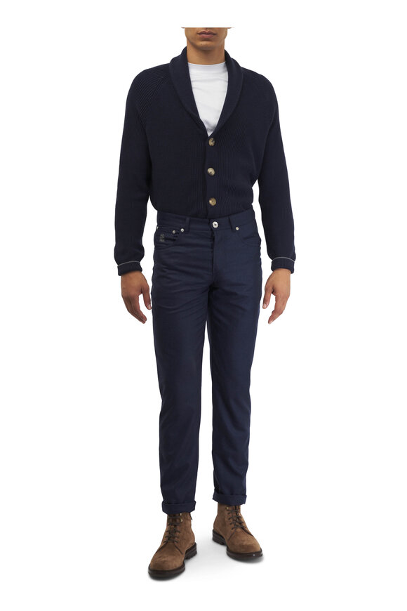 Brunello Cucinelli - Navy Cotton Ribbed Cardigan 