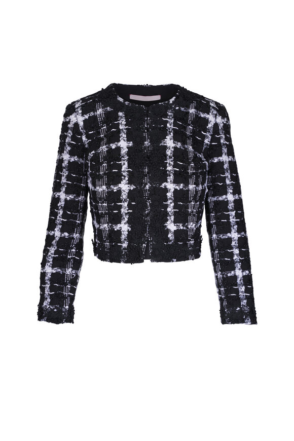 Carolina Herrera Collarless Cropped Black & White Tweed Jacket