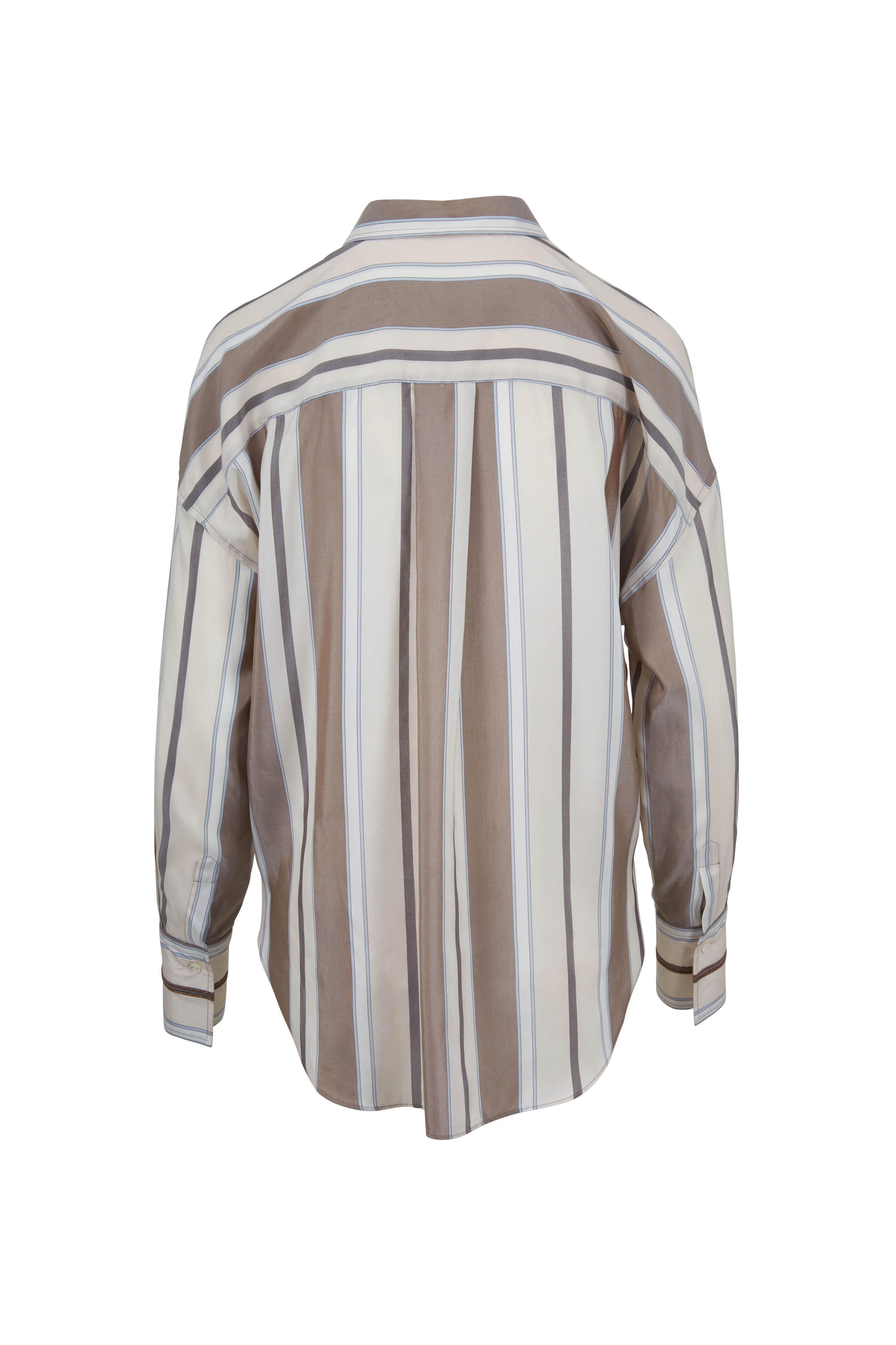 【関税＆送料込み】Brunello Cucinelli 'Shiny Cuff Details' Brunello Cucinelli - Mushroom Silk Striped Monili Cuff Blouse