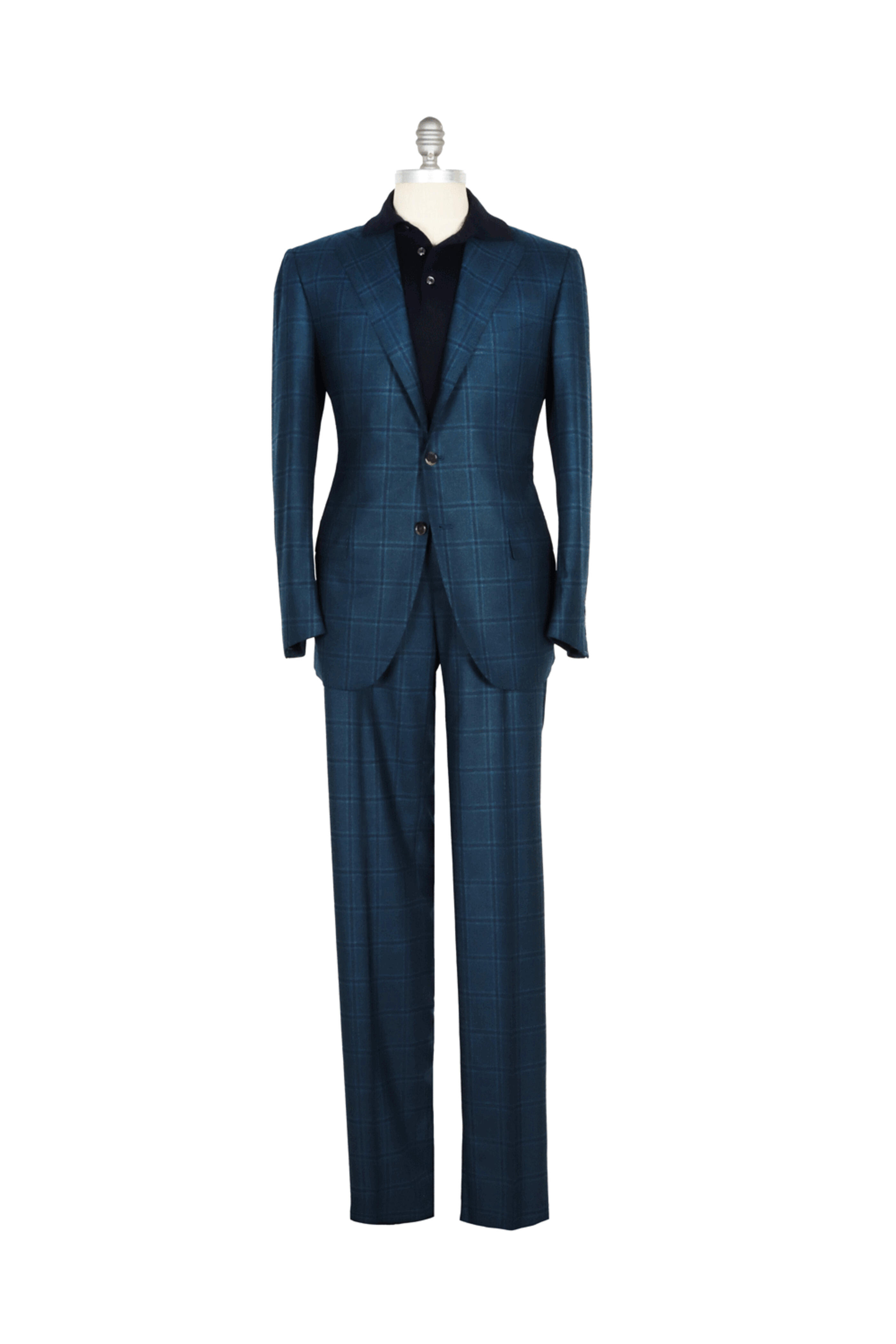 Cesare Attolini - Navy and Teal Windowpane Check Suit