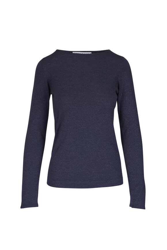 Brunello Cucinelli Navy Blue Lurex Long Sleeve T-Shirt