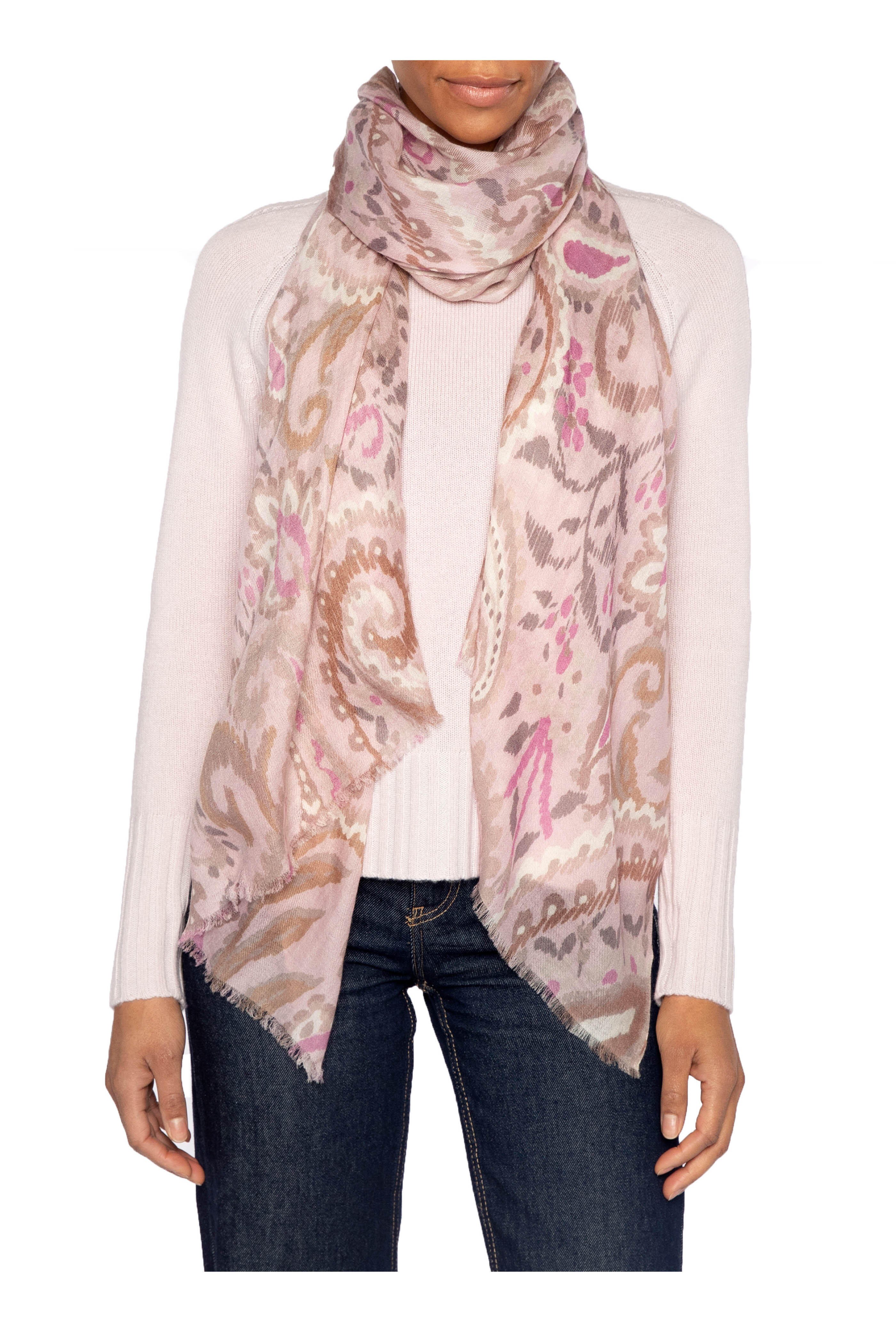 Kinross - Light Pink Multi Painted Paisley Print Scarf - view 2