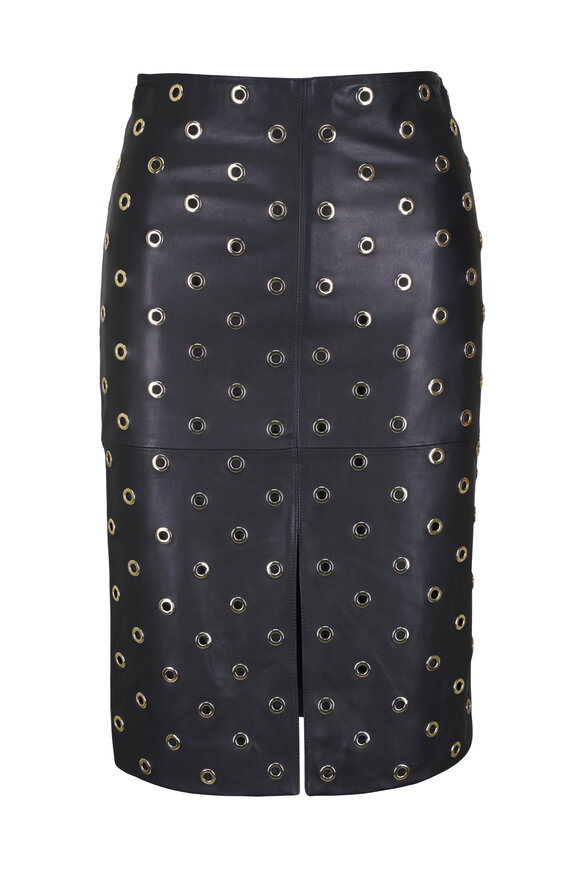 Veronica Beard Anderson Black Leather & Gold Grommet Skirt