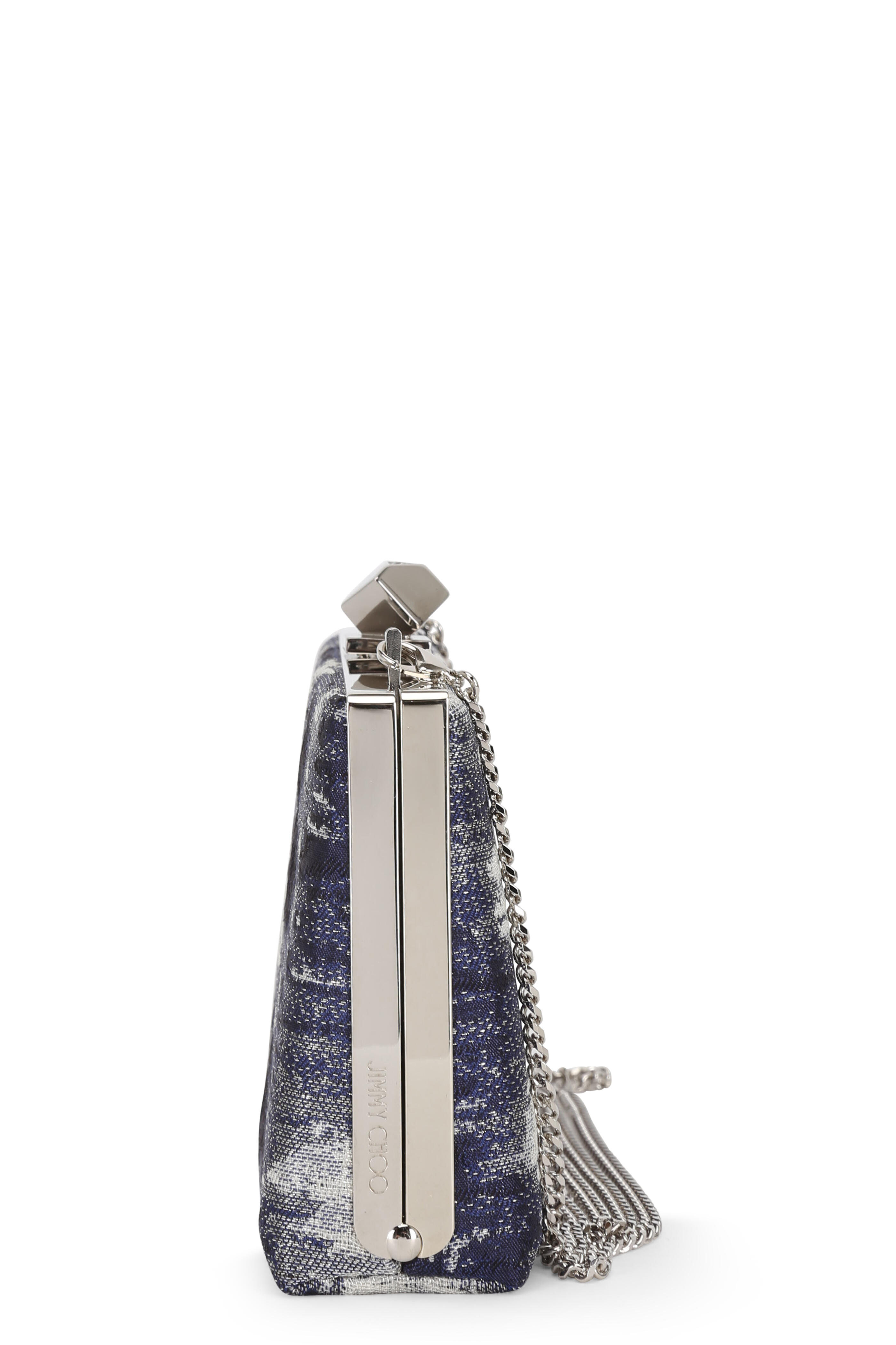 Jimmy Choo Celeste Blue Denim Jacquard Cube Clasp Clutch