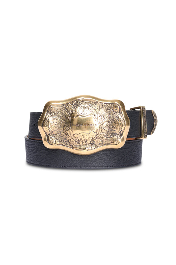 Ralph Lauren Tooled-Buckle Black Pebbled Calfskin Belt
