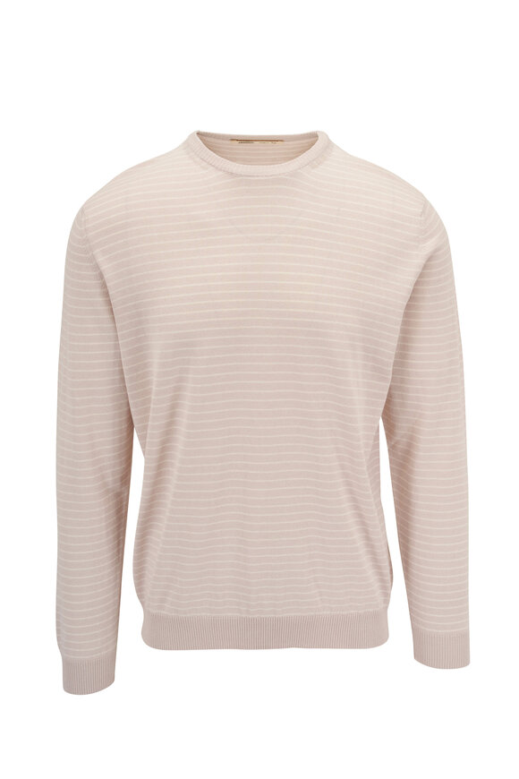 Maurizio Baldassari - Beige Striped Silk & Cotton Lightweight Crewneck 