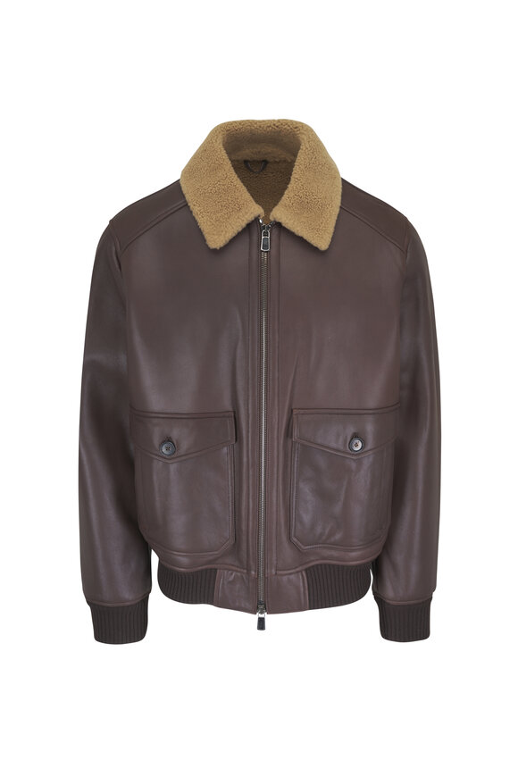 Isaia Dark Brown Leather Shearling Jacket - view 1
