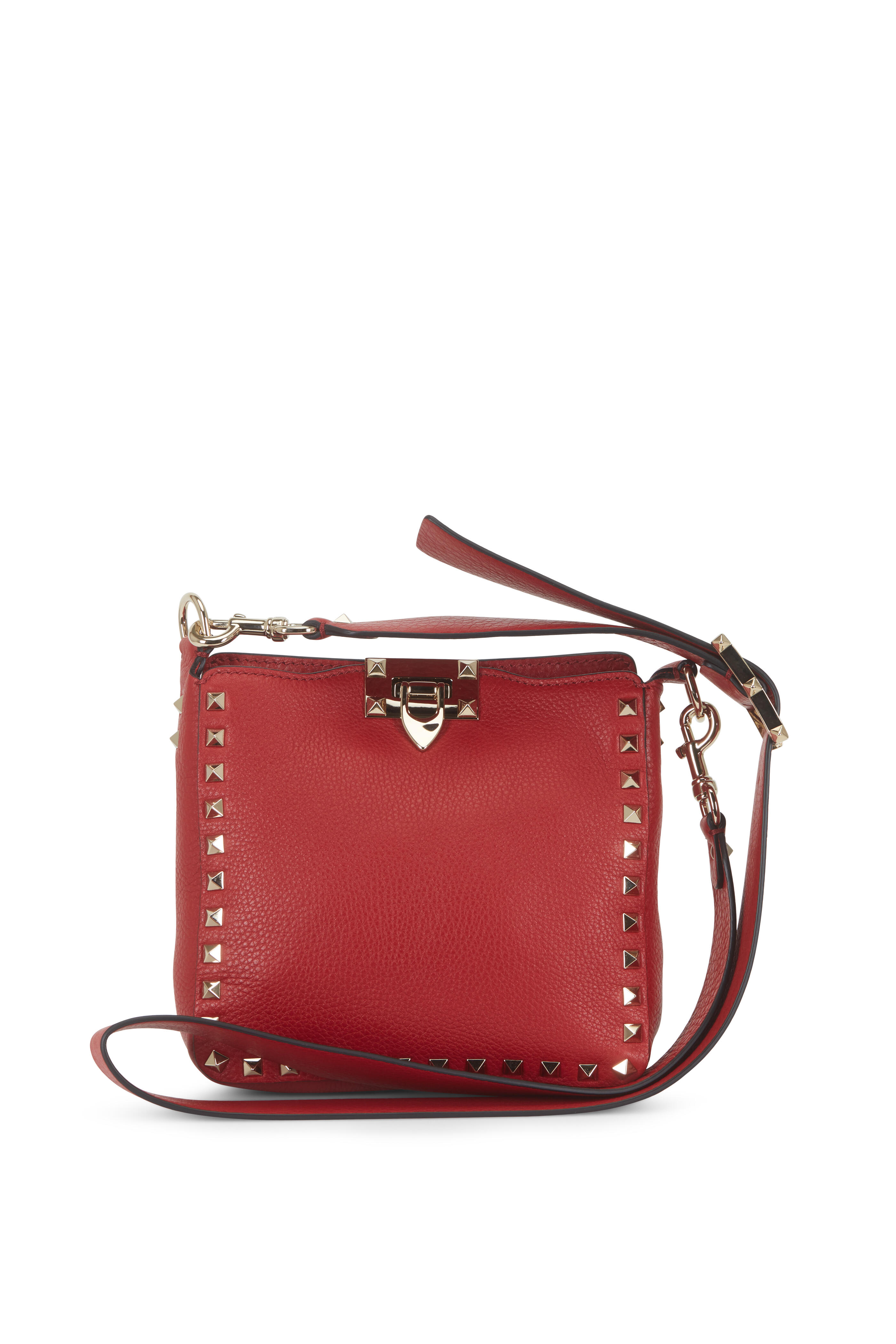 Valentino Red Pebbled Leather Rockstud Double Handle Crossbody Satchel