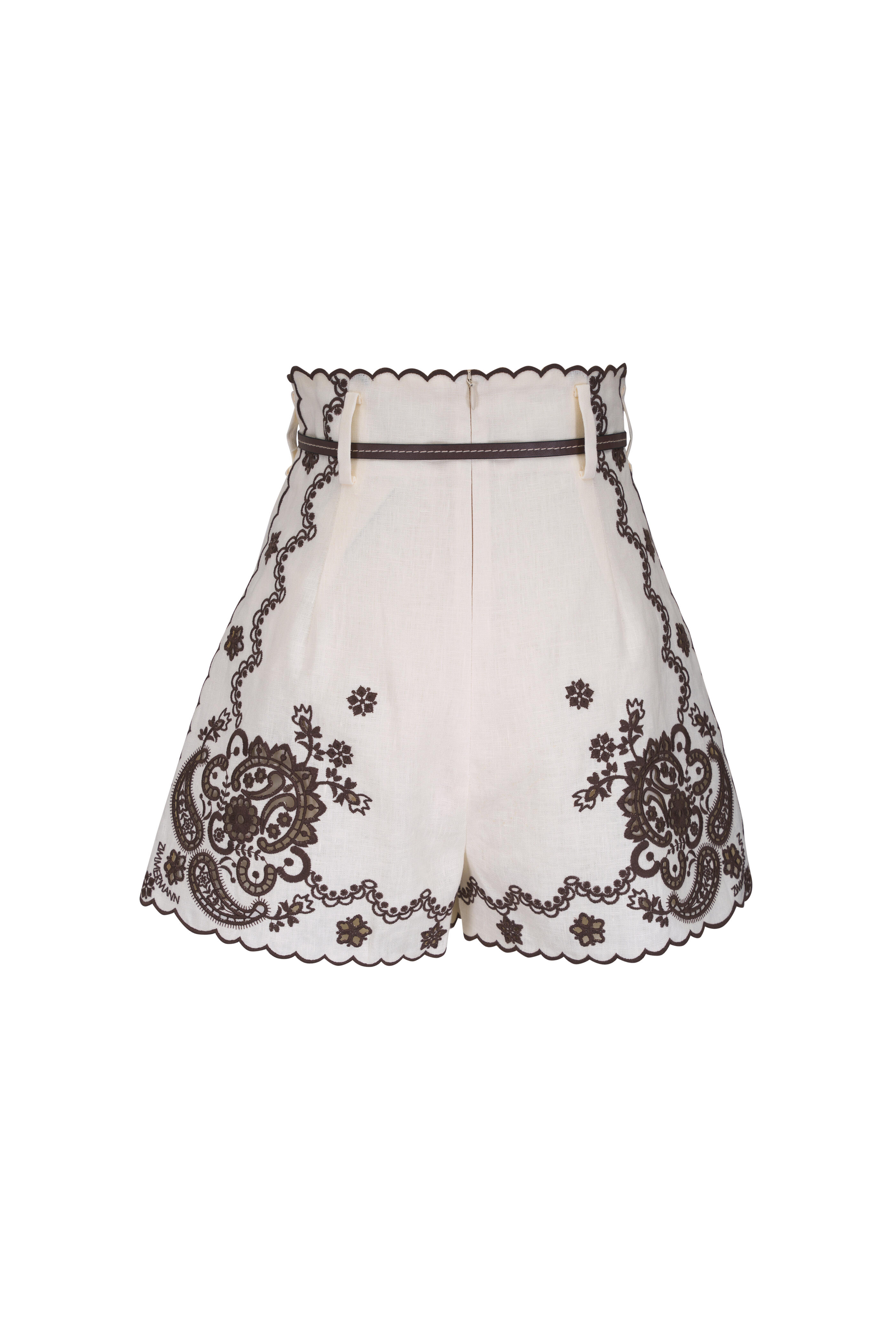 Zimmermann - Ascension Brown & Ivory Embroidered Shorts