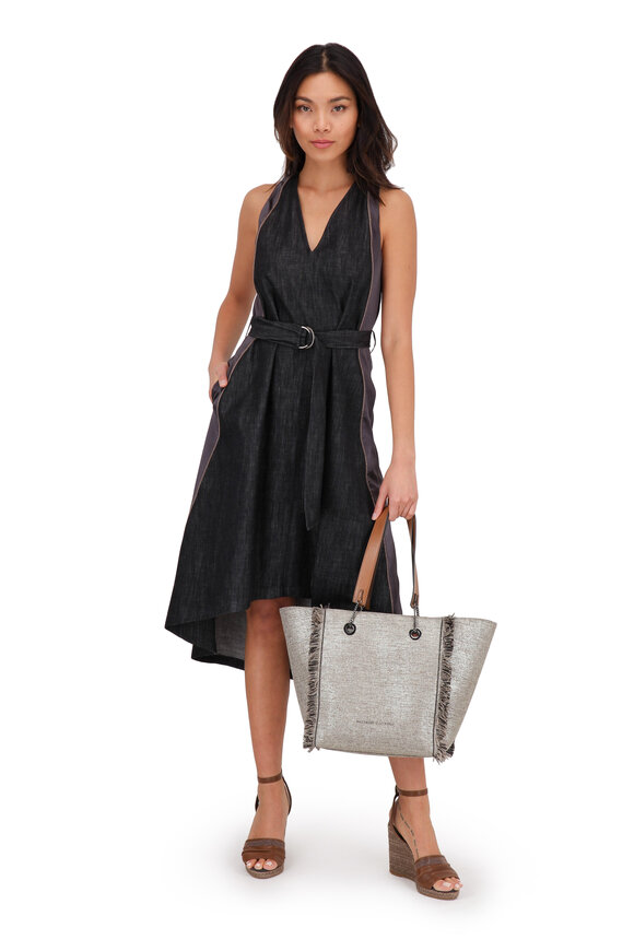 Brunello Cucinelli Platinum Metallic Woven & Leather Reversible Tote - view 2
