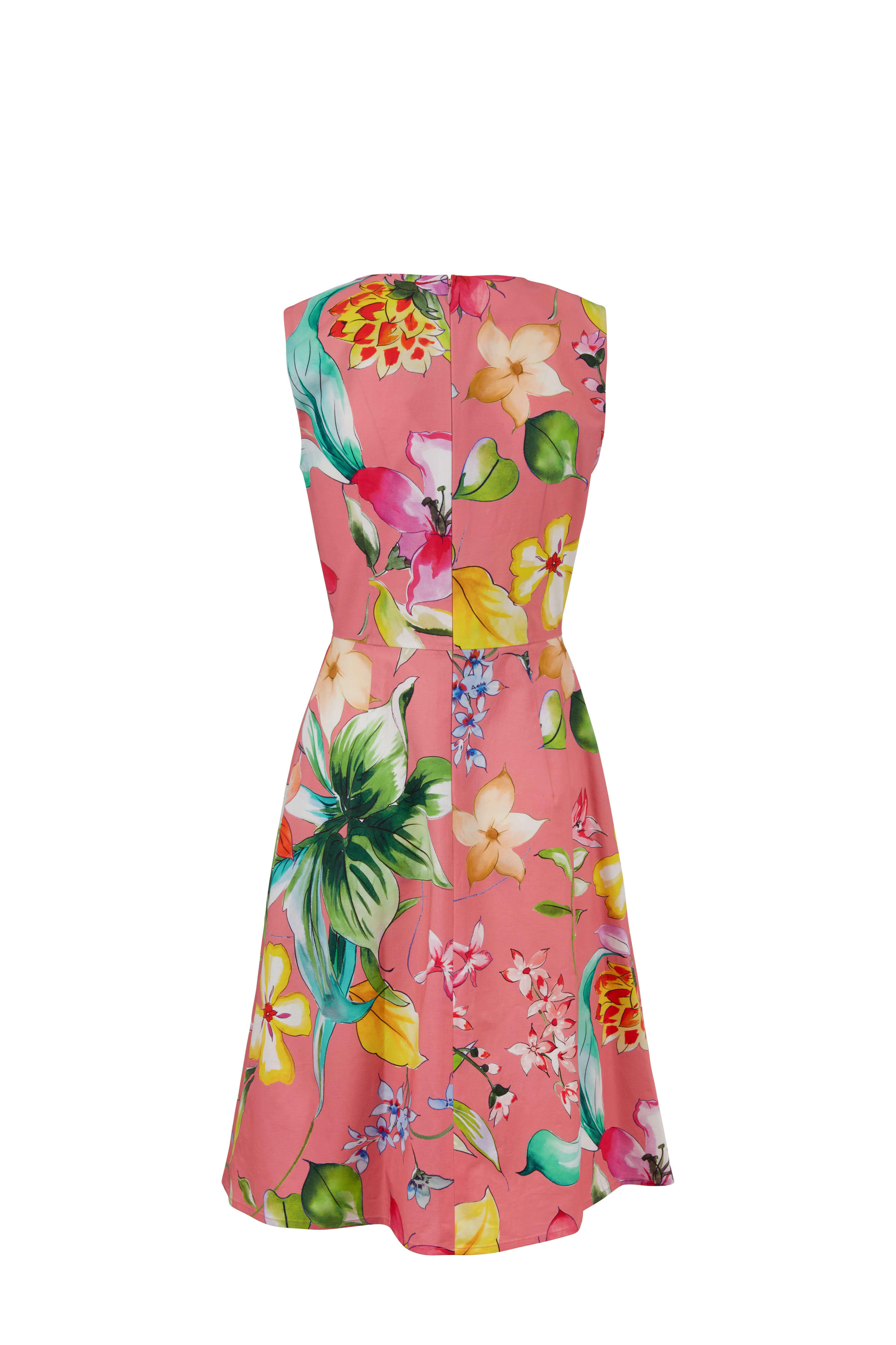 Carolina Herrera - Coral Stretch Cotton Floral A-Line Dress