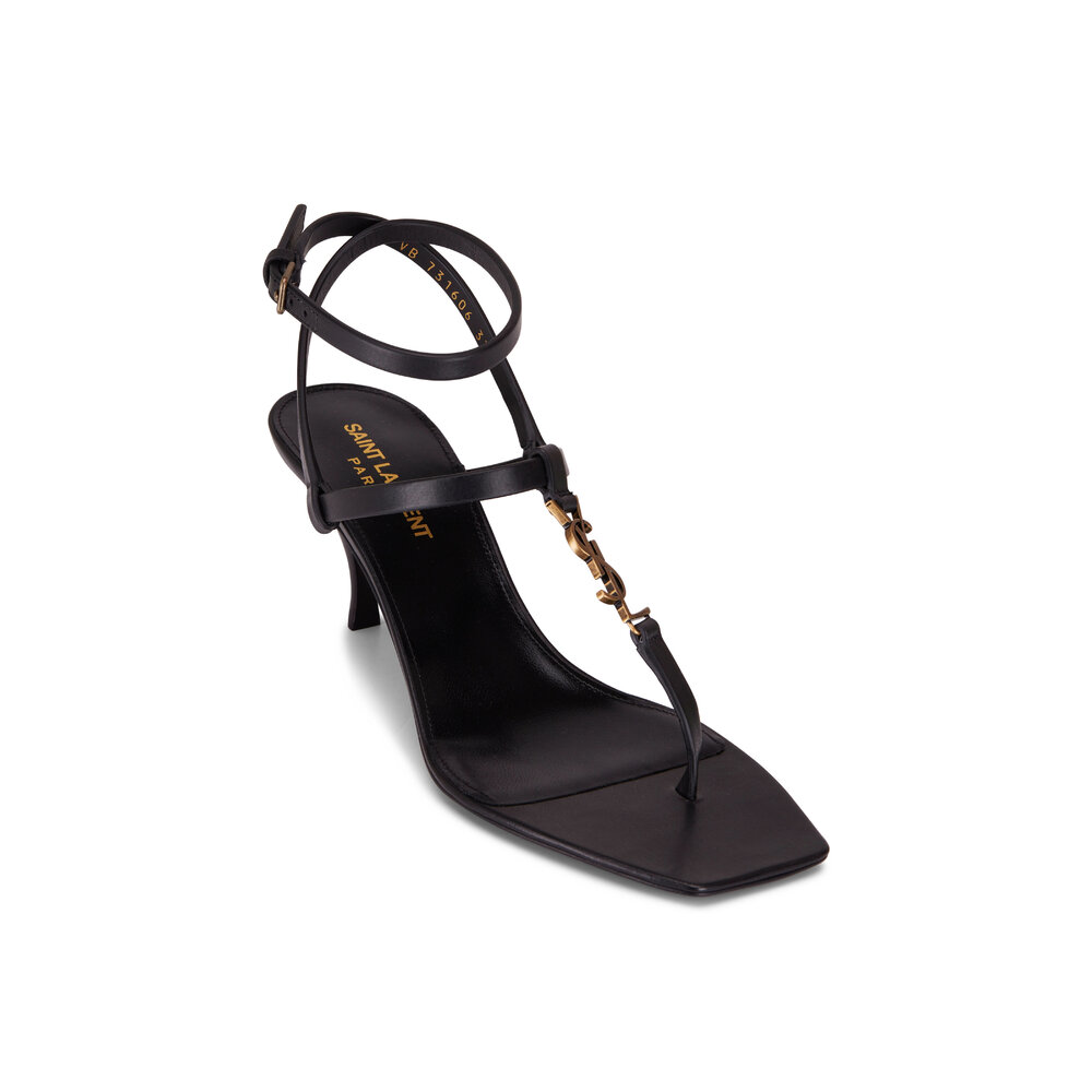 Saint Laurent Vitti Black Leather YSL T Strap Sandal 60mm