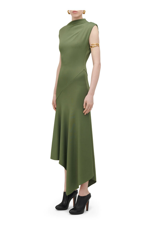 McQueen - Khaki Green Jersey Midi Dress 