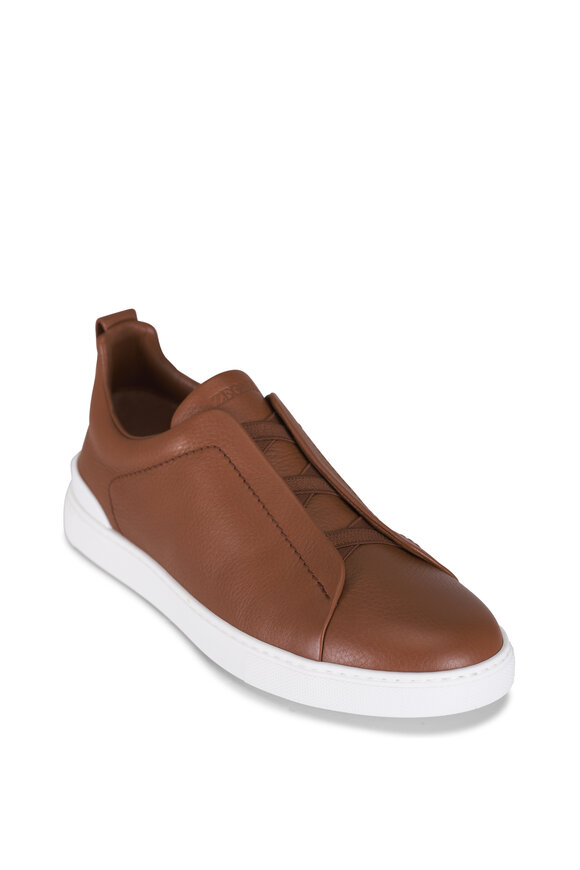 Zegna Triple Stitch Tan Leather Low Top Sneaker