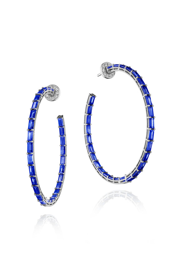 Nam Cho Baguette Blue Sapphire & Diamond Hoop Earrings