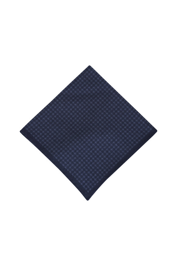 Canali Navy Herringbone Wool & Silk Pocket Square - view 1