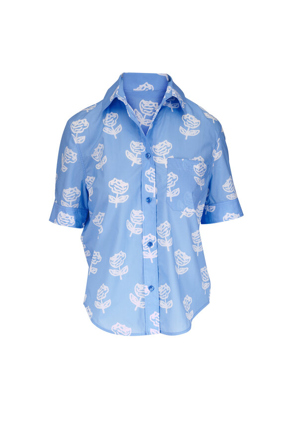Marni Iris Blue Spray Rose Print Poplin Button Up Shirt