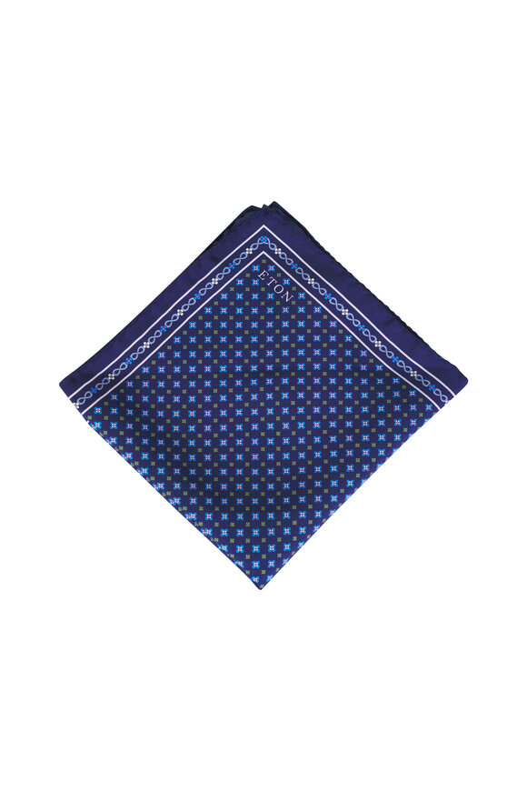 Eton Navy Blue Floral Silk Twill Pocket Square