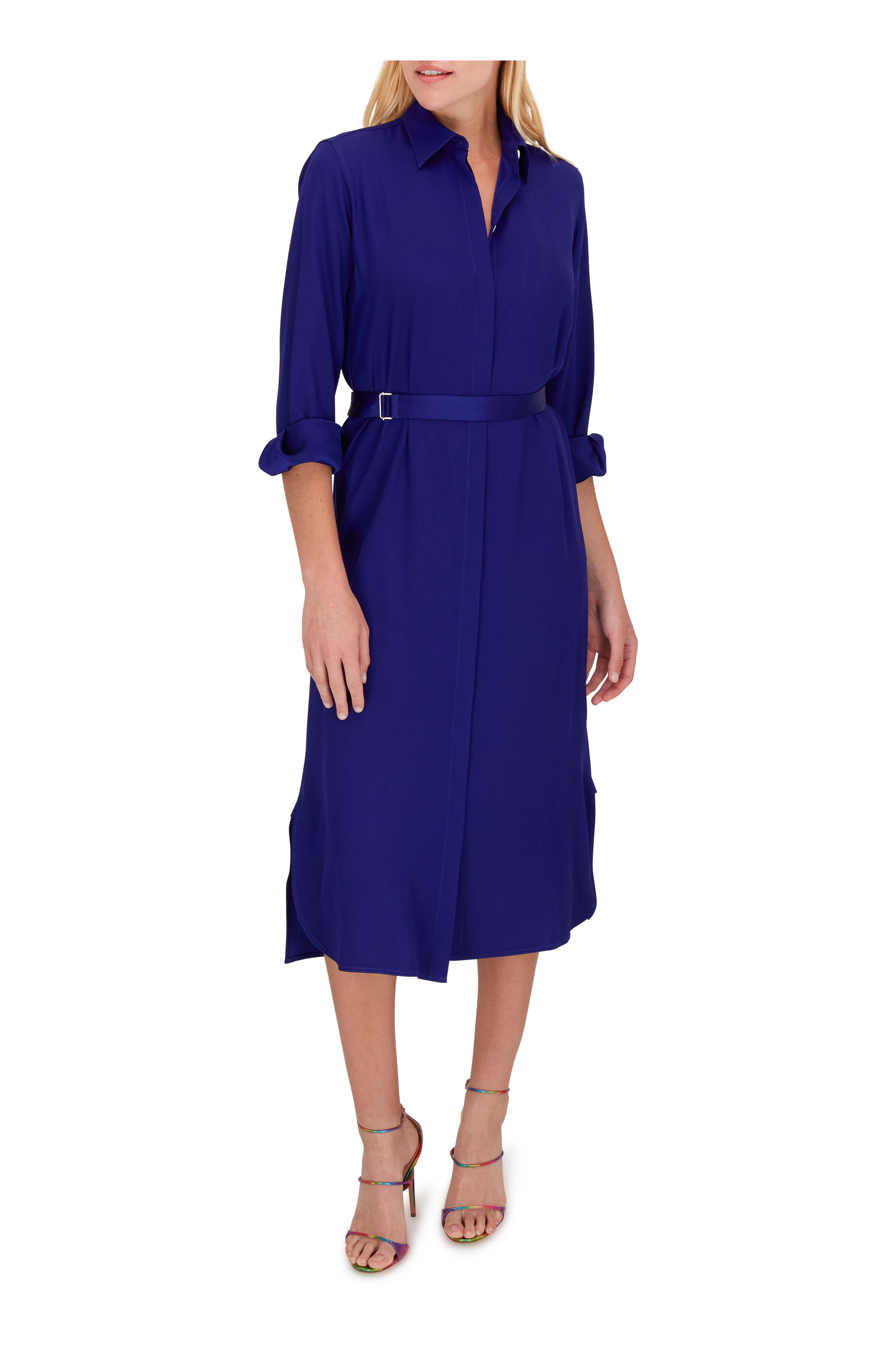 Rosetta Getty - Cobalt Matte Satin Long Sleeve Shirtdress