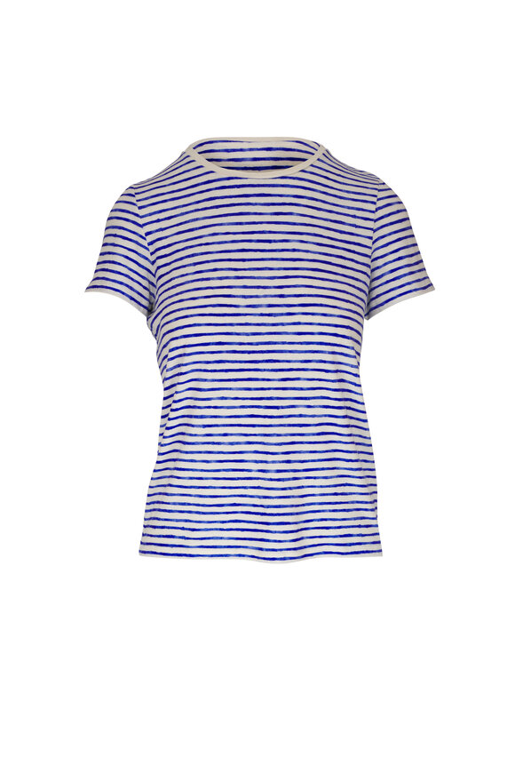 Majestic Blue & White Stripe Stretch Crewneck T-Shirt 