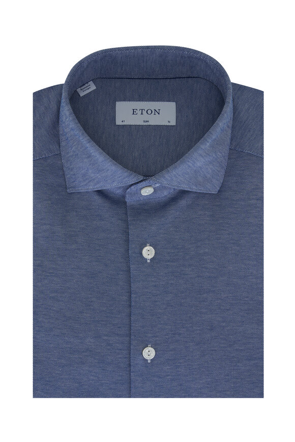 Eton Blue Textured Cotton Slim Fit Dress Shirt 