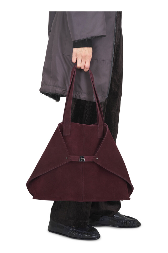 Designer outfit featuring Le Loafer Navy Foldable Nappa Leather Flat and Medium Ai Burgundy Suede Shoulder Tote