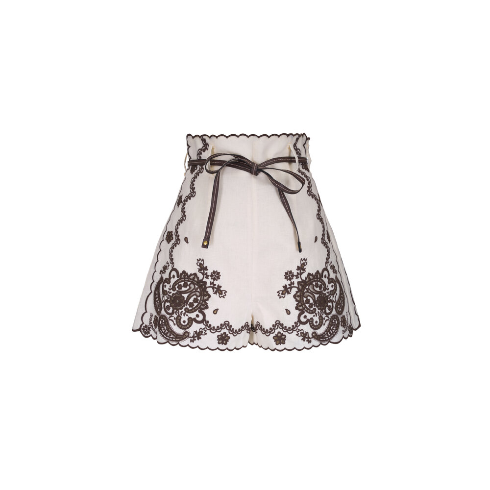 Zimmermann - Ascension Brown & Ivory Embroidered Shorts