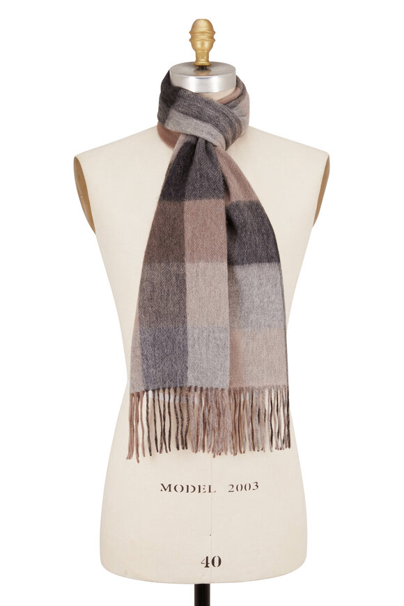 Raffi - Taupe Plaid Wool Fringe Scarf