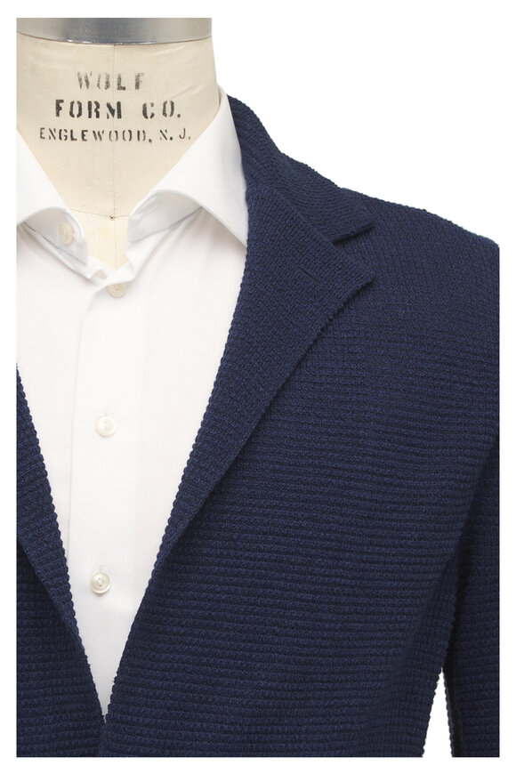 Patrick Assaraf Navy Cotton & Linen Pique Knit Blazer