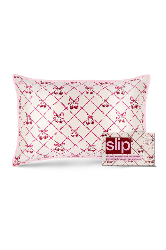 Slip Silk Silk Queen Lace Trim Sweet Cherry Pillowcase