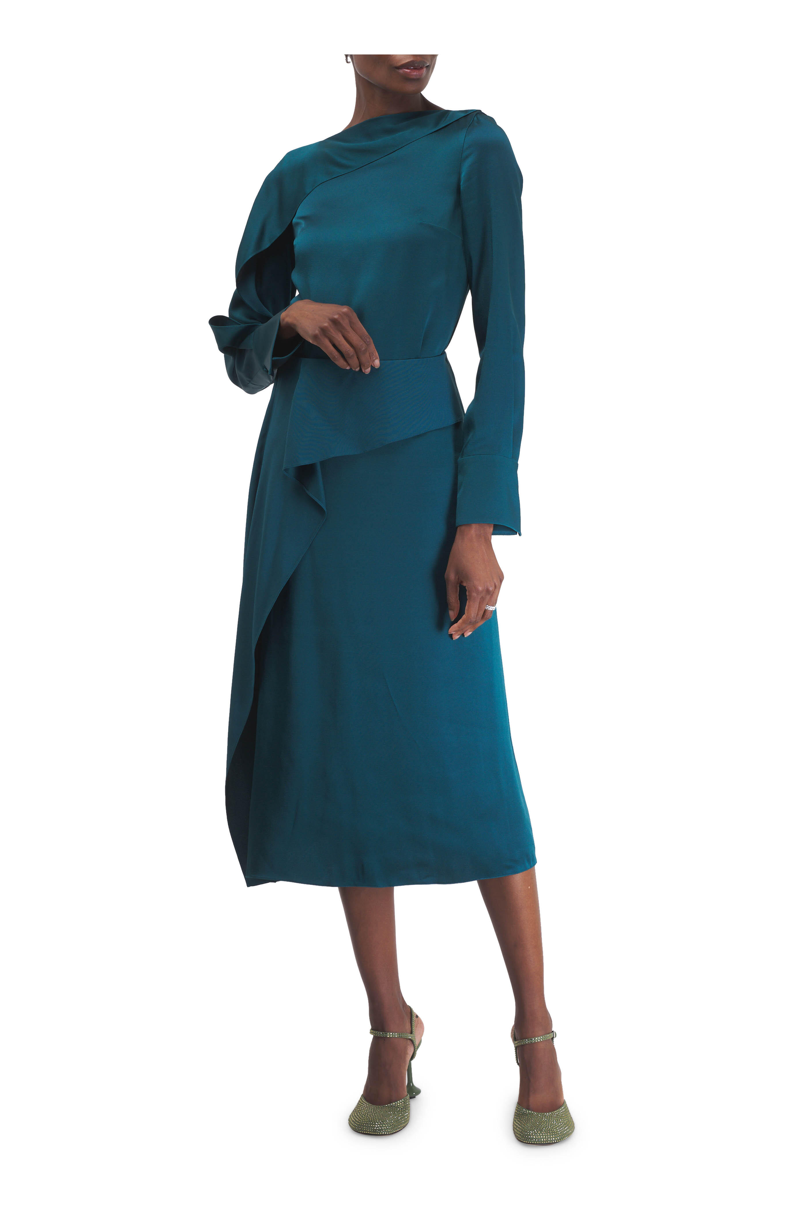 Erdem - Tempest Teal Satin Cady Midi Skirt