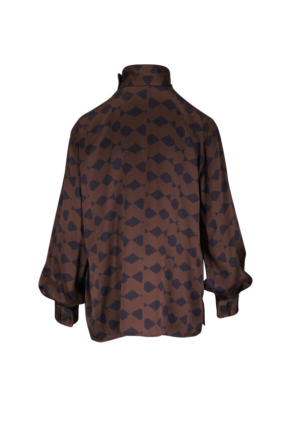 Kiton Black & Brown Print Keyhole Silk Blouse - view 4