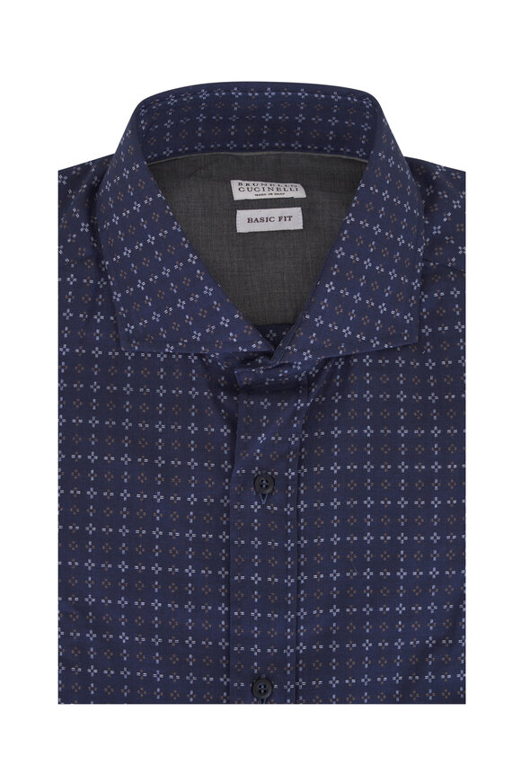 Brunello Cucinelli Ocean Blue Print Cotton Woven Sport Shirt - view 1