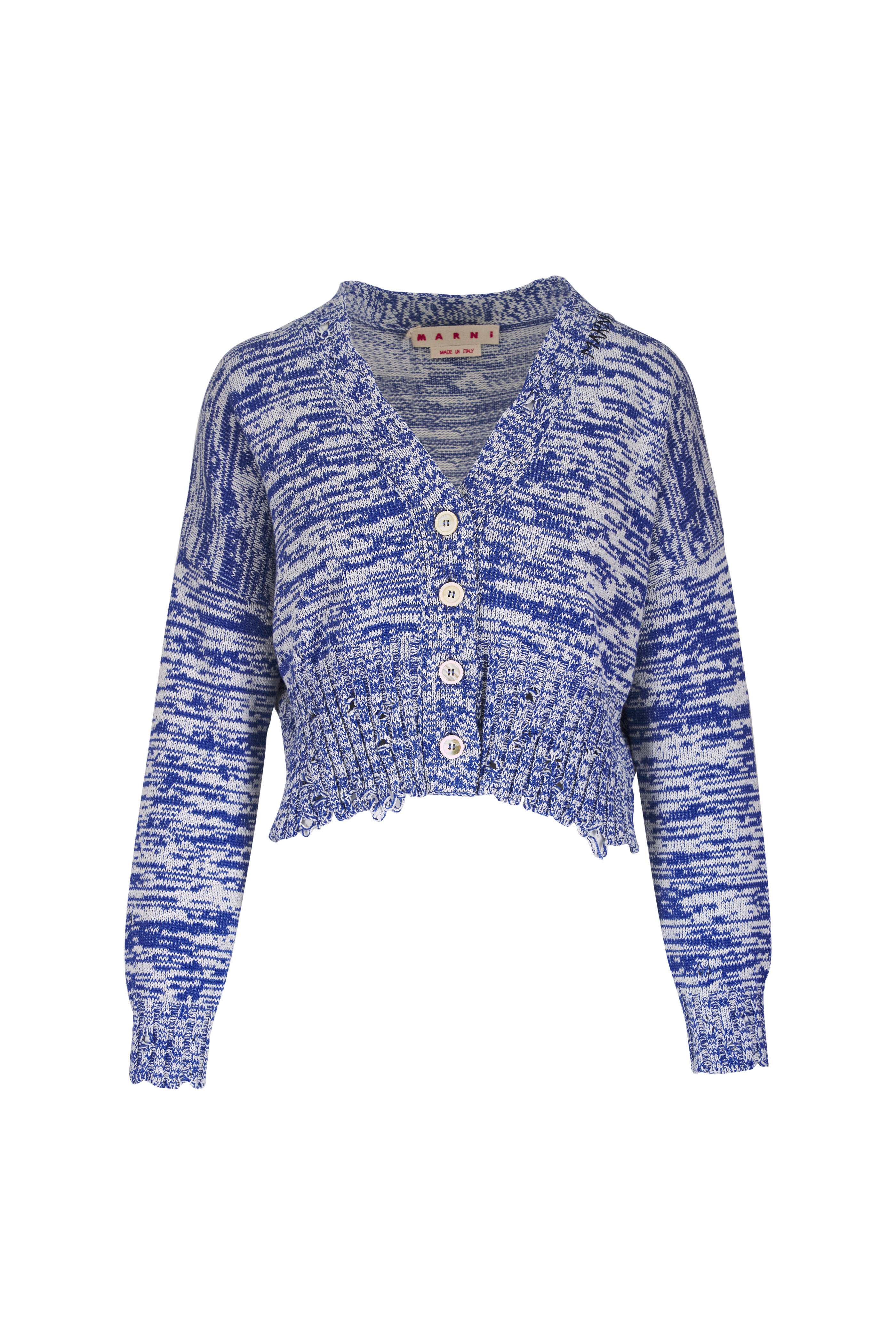 Marni - Orion Blue & White Cropped Distressed Cardigan
