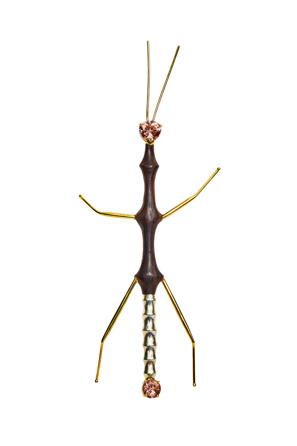 K. Brunini Jewels Garnet & Cocoblo Wood Stick Bug Pin