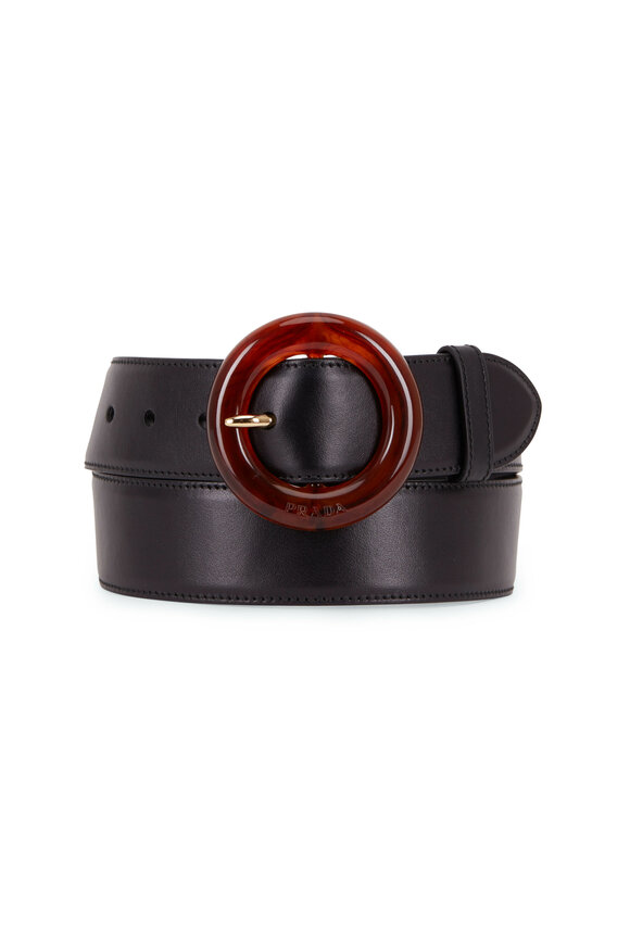 Prada - Black Leather & Tortoise Round Buckle Belt 