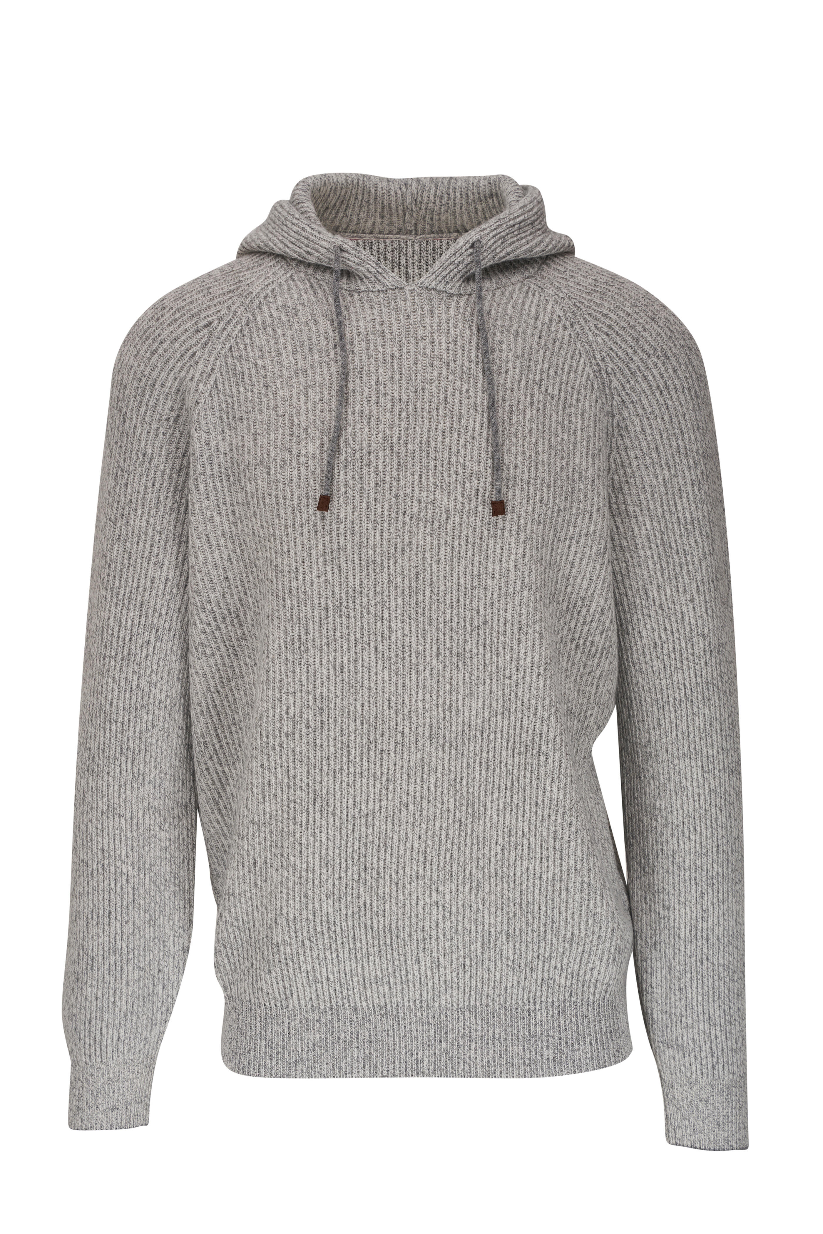 Brunello Cucinelli Gray Wool Cashmere Silk Ribbed Pullover Hoodie