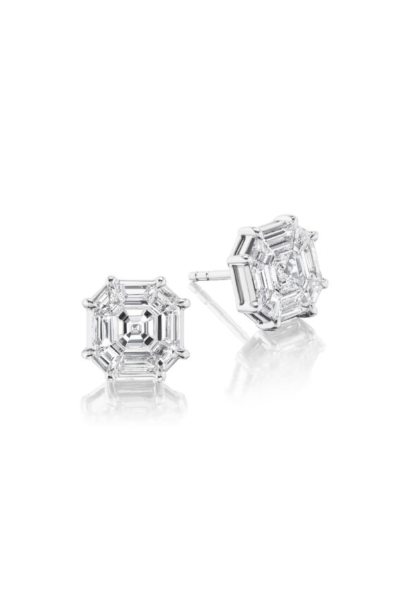Nam Cho 18k White Gold Diamond Invisibly Cut Cluster Stud - view 1