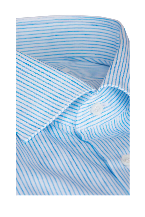 Fray Aqua Thin Stripe Cotton & Linen Sport Shirt - view 2